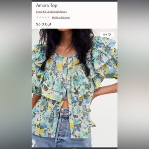 LoveShackFancy Amora Floral Ruffle Blouse - Blue and Yellow 100% Cotton Womens L